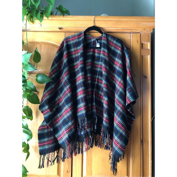 Talbots Tartan Plaid Open Front Ruana Wrap Cape Shawl Fringe M/L - Picture 3 of 13